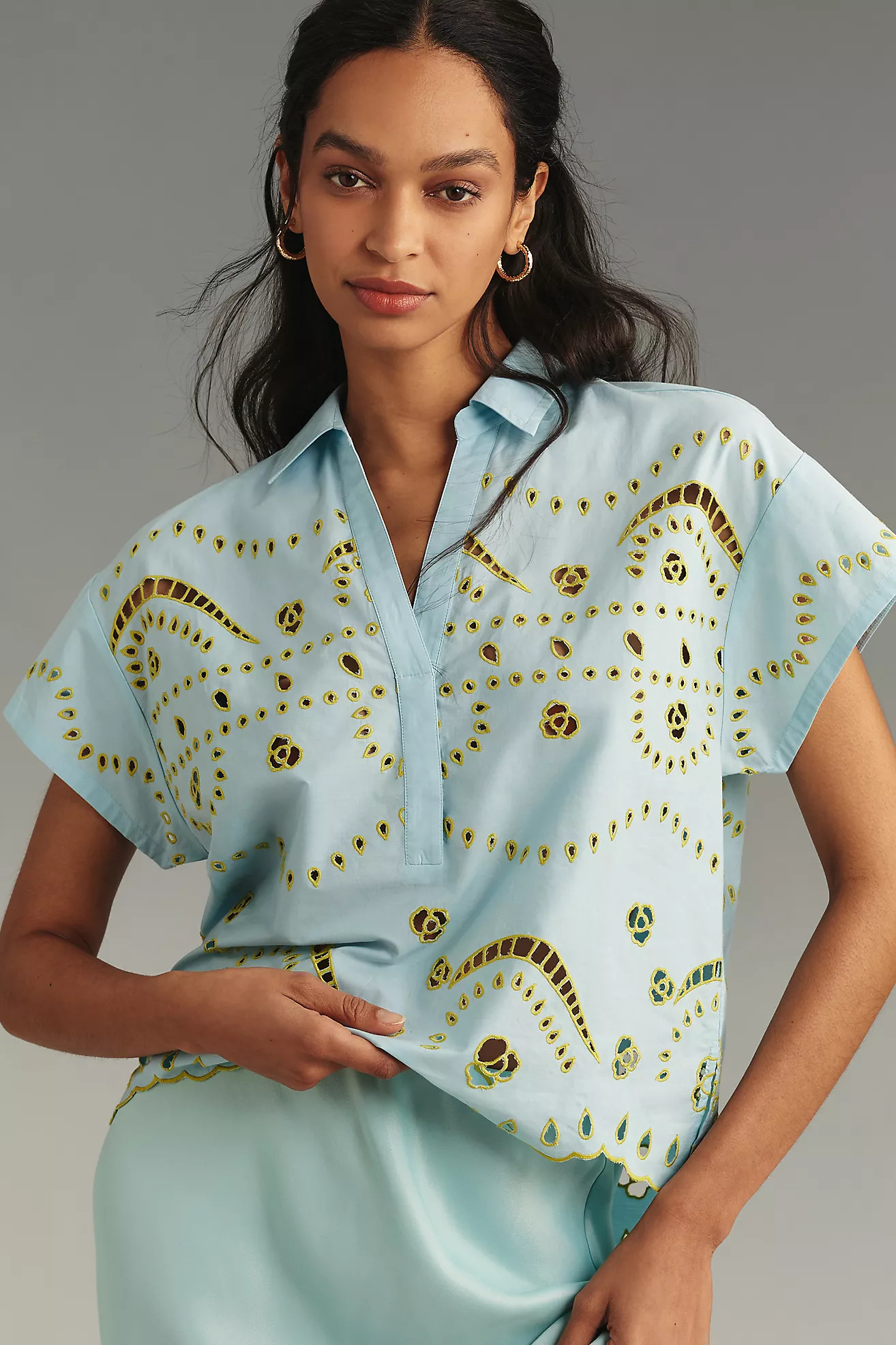 Maeve Short-Sleeve Boxy Eyelet Popover Blouse | Anthropologie (US)