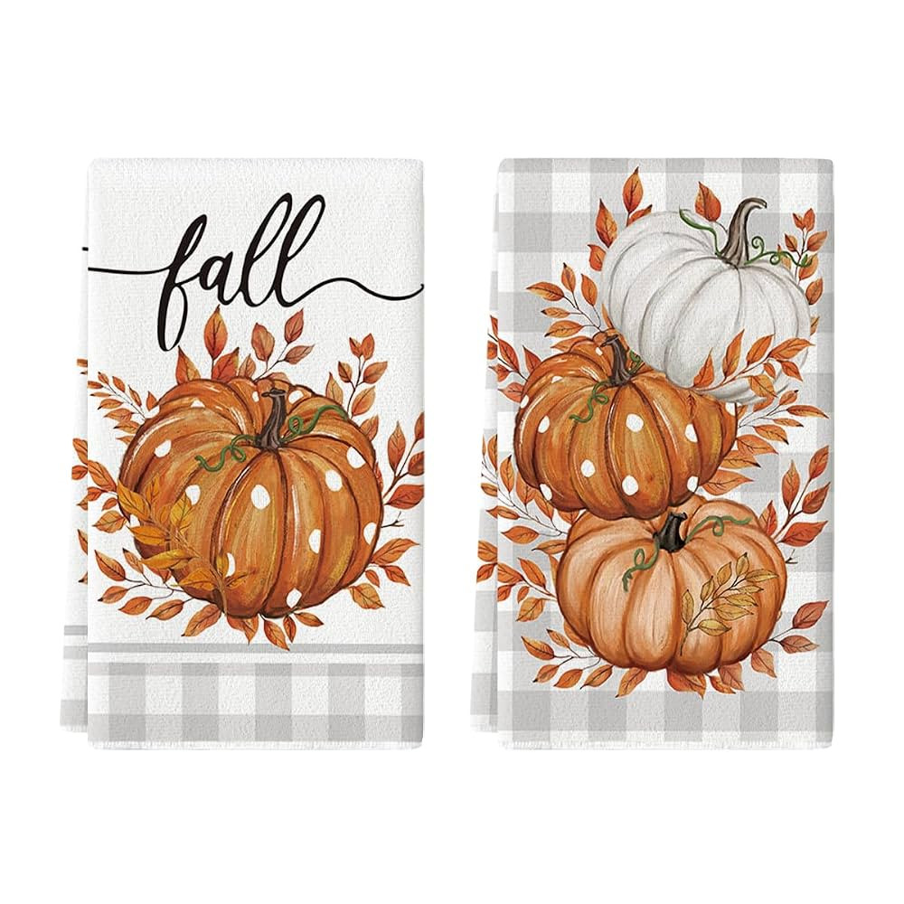 Artoid Mode Orange Buffalo Plaid Leaves Pumpkin Fall Kitchen Towels Dish Towels, 18x26 Inch Farmh... | Amazon (US)