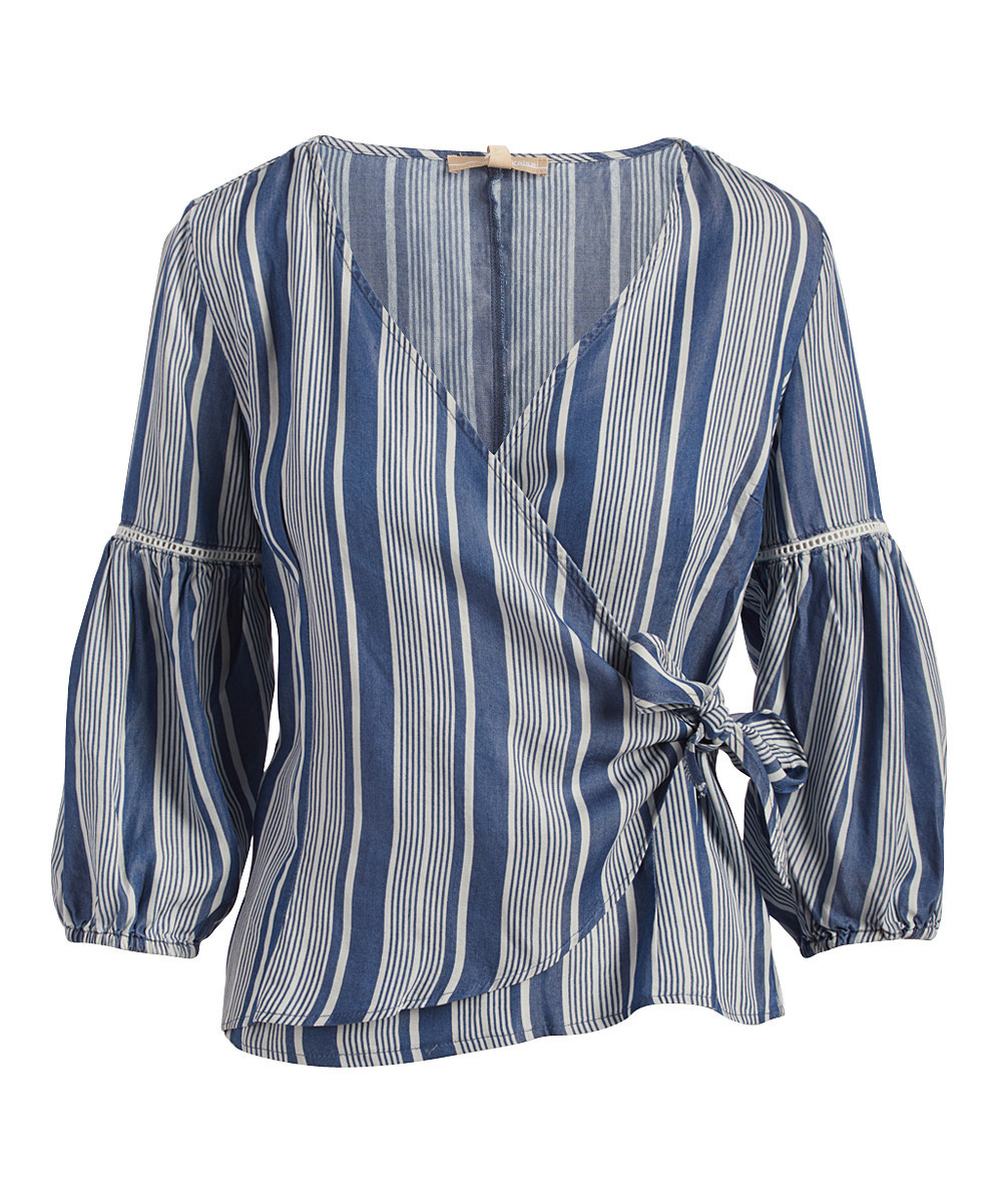 Joy Mark Women's Blouses STRIPE - Blue Stripe Surplice Top - Women | Zulily