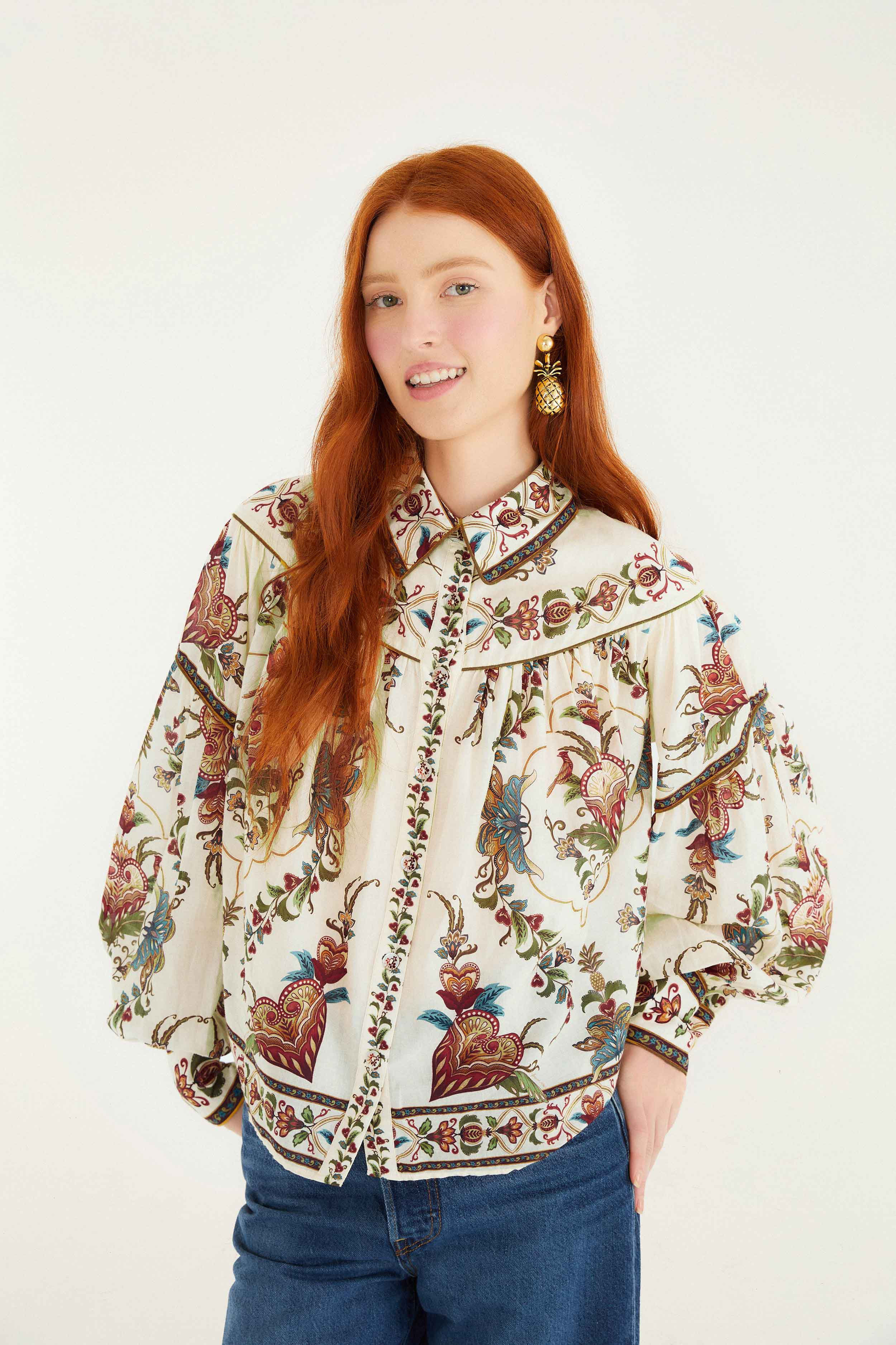 Cream Majestic Hearts Blouse | FARM Rio | FarmRio (US)