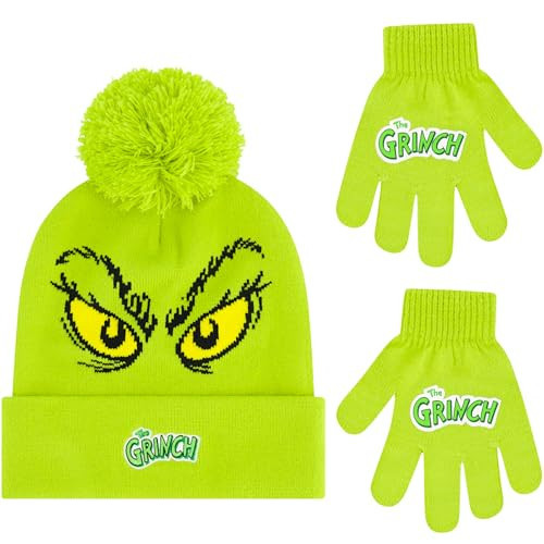 Dr. Seuss The Grinch Beanie Hat and Gloves Set, Boys Cuffed Knit Winter Cap with Pom and Matching Mittens, Green, One Size | Amazon (US)