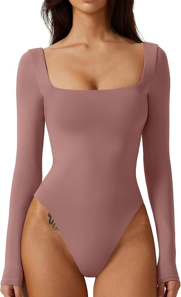 QINSEN Bodysuit Tops for Women Square Neck Long Sleeve Double Lined T-shirt | Amazon (US)