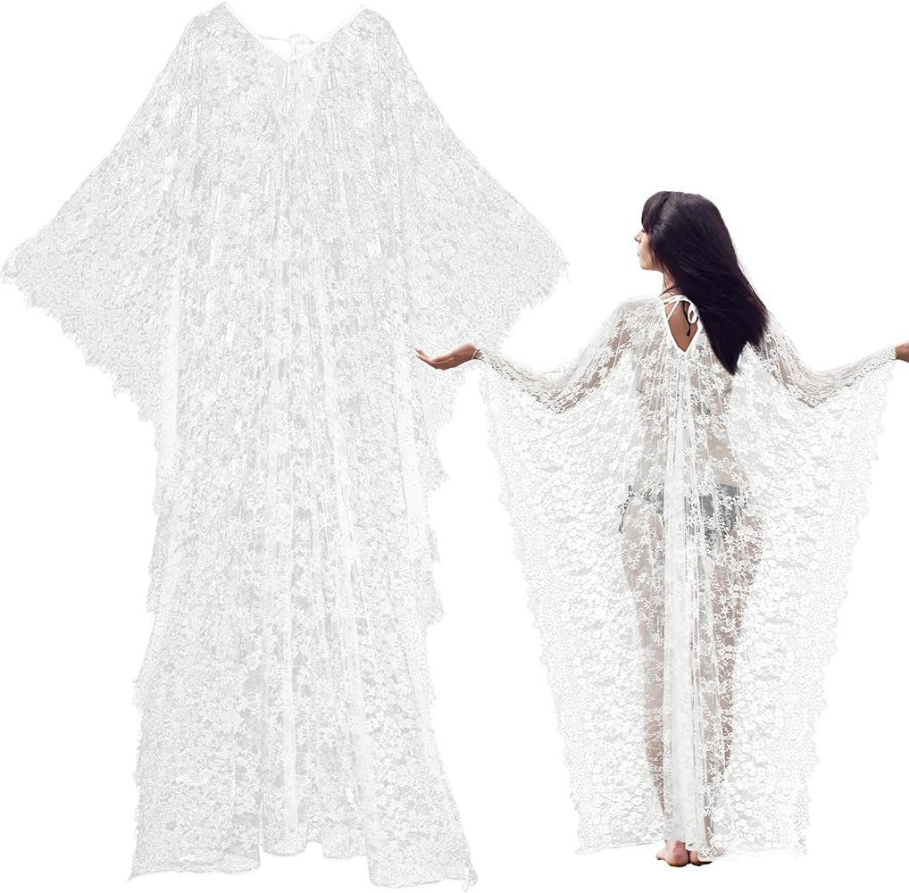 Mepase Boho Witch Lace Kimono Kaftan Dress Robe Bikini Swimsuit Beach Cover up for Women Maternit... | Amazon (US)