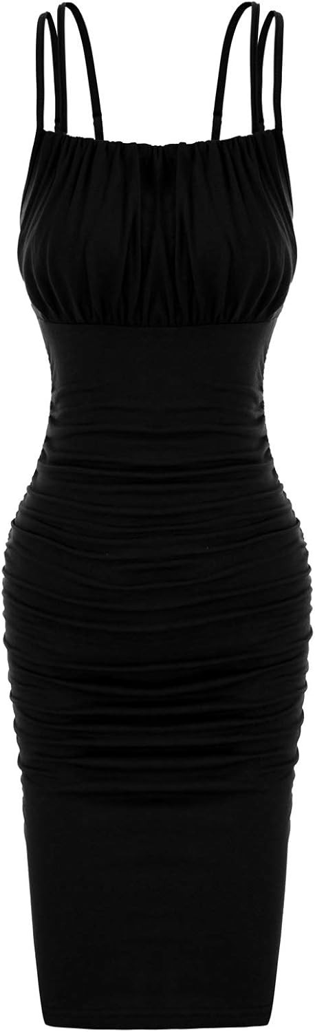 GRACE KARIN Women's Sexy Bodycon Double Spaghetti Strap Ruched Midi Club Dresses | Amazon (US)
