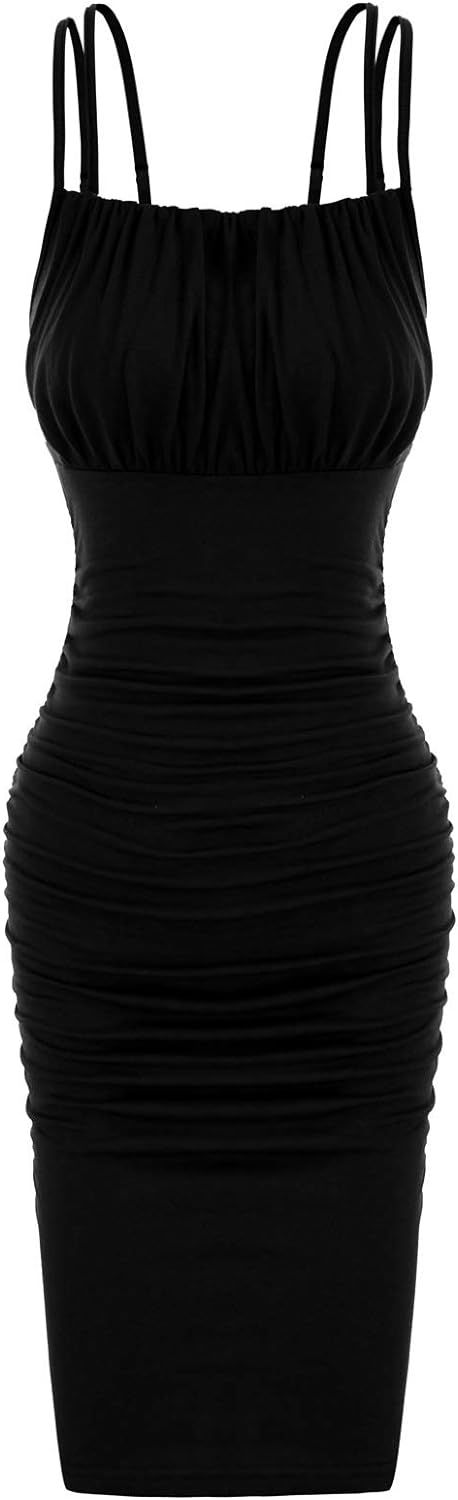 GRACE KARIN Women's Sexy Bodycon Double Spaghetti Strap Ruched Midi Club Dresses | Amazon (US)