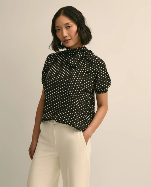 Brooks Brothers Women's Dot-Print Tie-Neck Blouse | Black | Size Large | Brooks Brothers