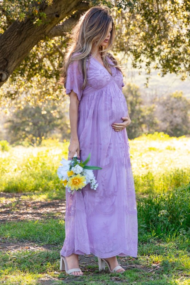Lavender Lace Mesh Overlay Maternity Maxi Dress | PinkBlush Maternity