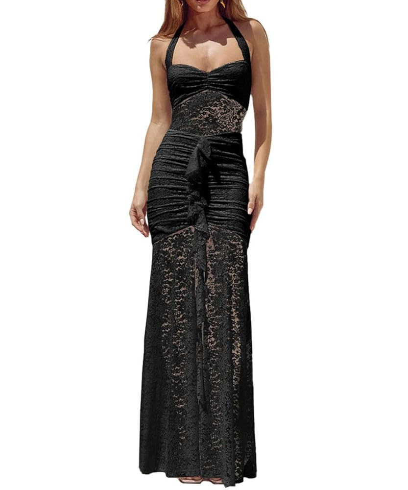 Womens Sexy Halter Backless Maxi Dress Lace Ruched High Slit Summer Dresses Party Cocktail Prom L... | Amazon (US)