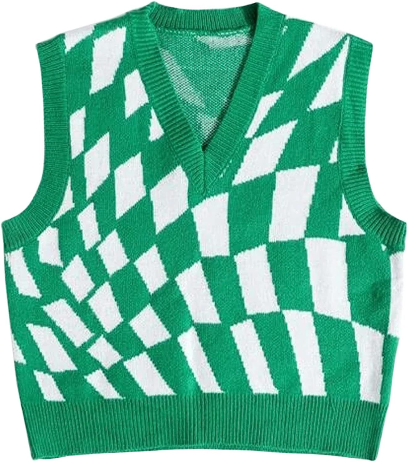 Meladyan Women Y2K V Neck Checkered Graphic Knitted Sweater Vest Plaid Preppy Sleeveless Argyle T... | Amazon (US)