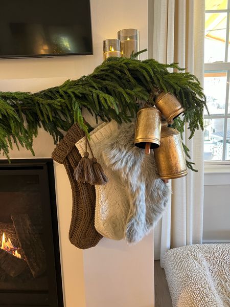 Neutral Christmas decor — faux fur stockings from Target - Kirkland garland for mantel