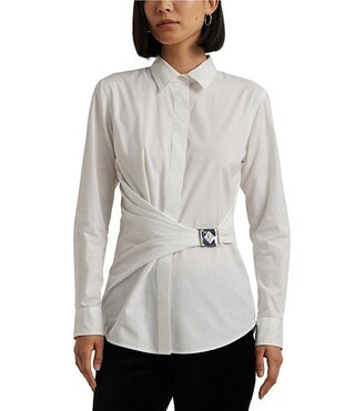 Lauren Ralph Lauren Woven Point Collar Long Sleeve Engraved Buckle Button Front Shirt | Dillard's | Dillard's