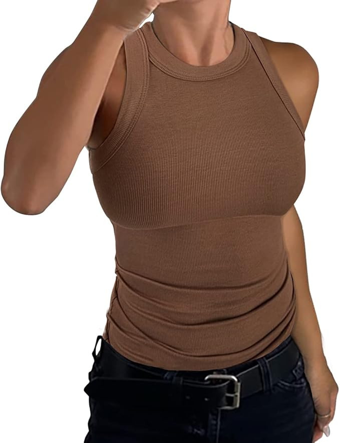 GEMBERA Womens Sleeveless Racerback High Neck Casual Basic Cotton Ribbed Fitted Tank Top | Amazon (US)