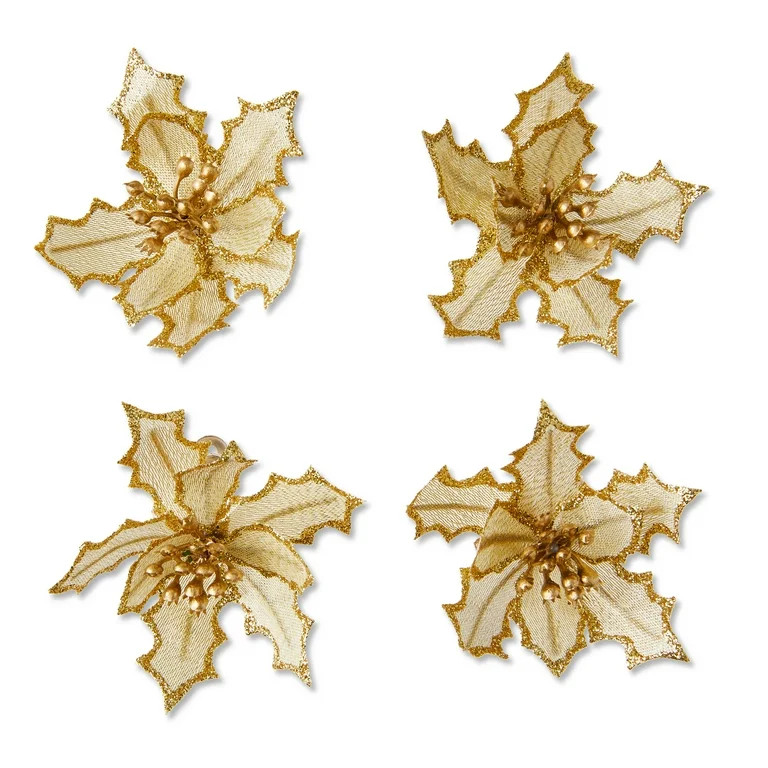 Gold Mini Poinsettia Christmas Ornaments, 4 Count, by Holiday Time | Walmart (US)