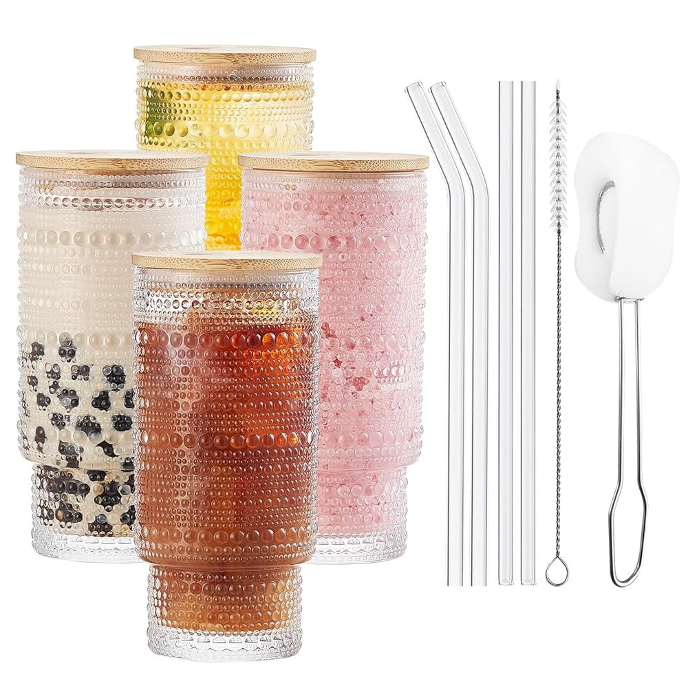 HEFBCOMK Hobnail Drinking Glasses Set of 4 with Bamboo Lids and Straws, 16 oz Vintage Glassware S... | Amazon (CA)