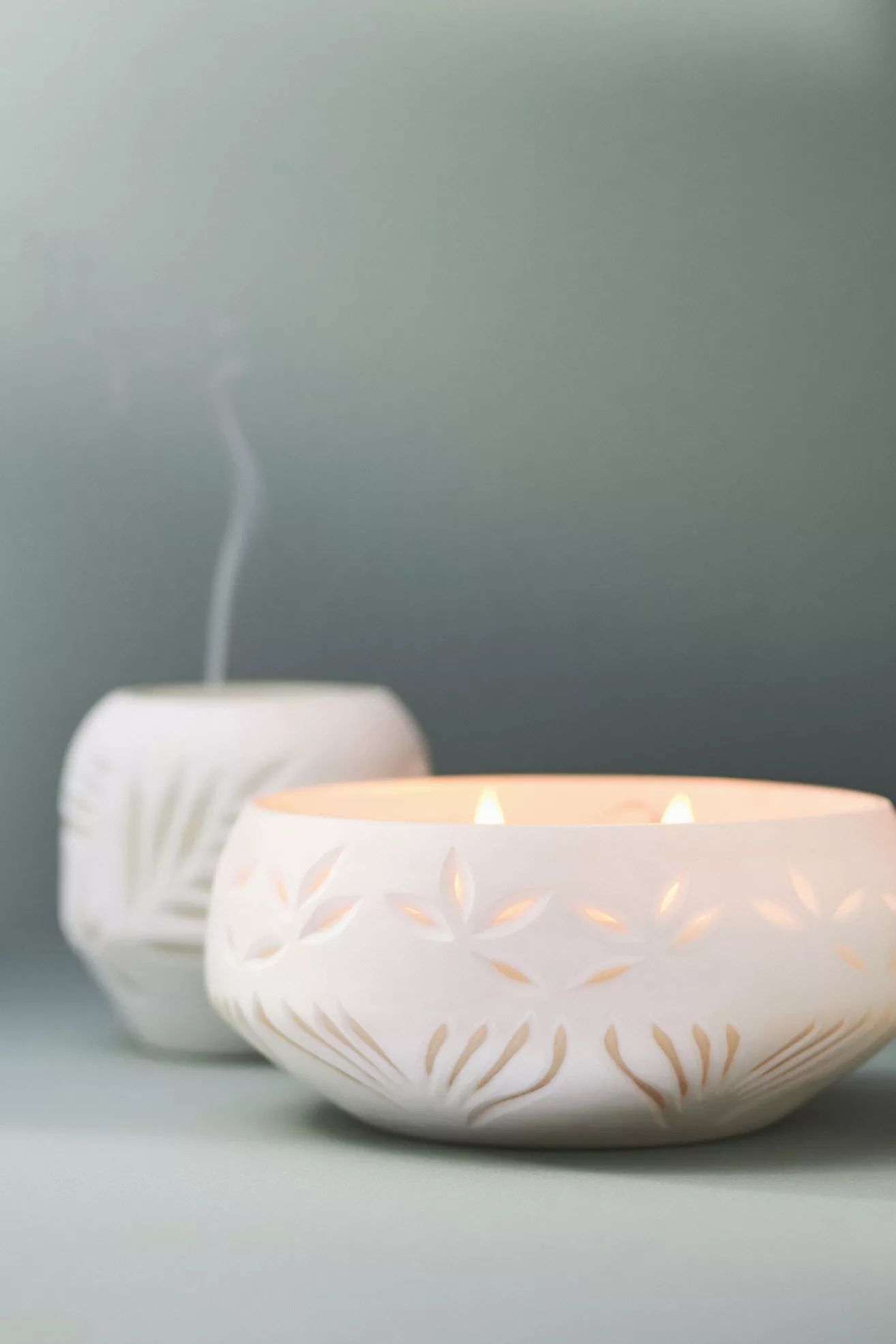 Lucille Woody Violet Cypress Carved Glass Candle | Anthropologie (US)
