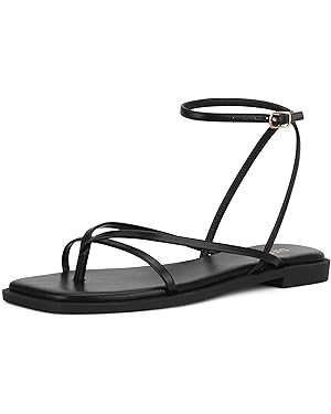 Womens Flats Sandals Square Toe Strappy Ankle Strap Flats | Amazon (US)