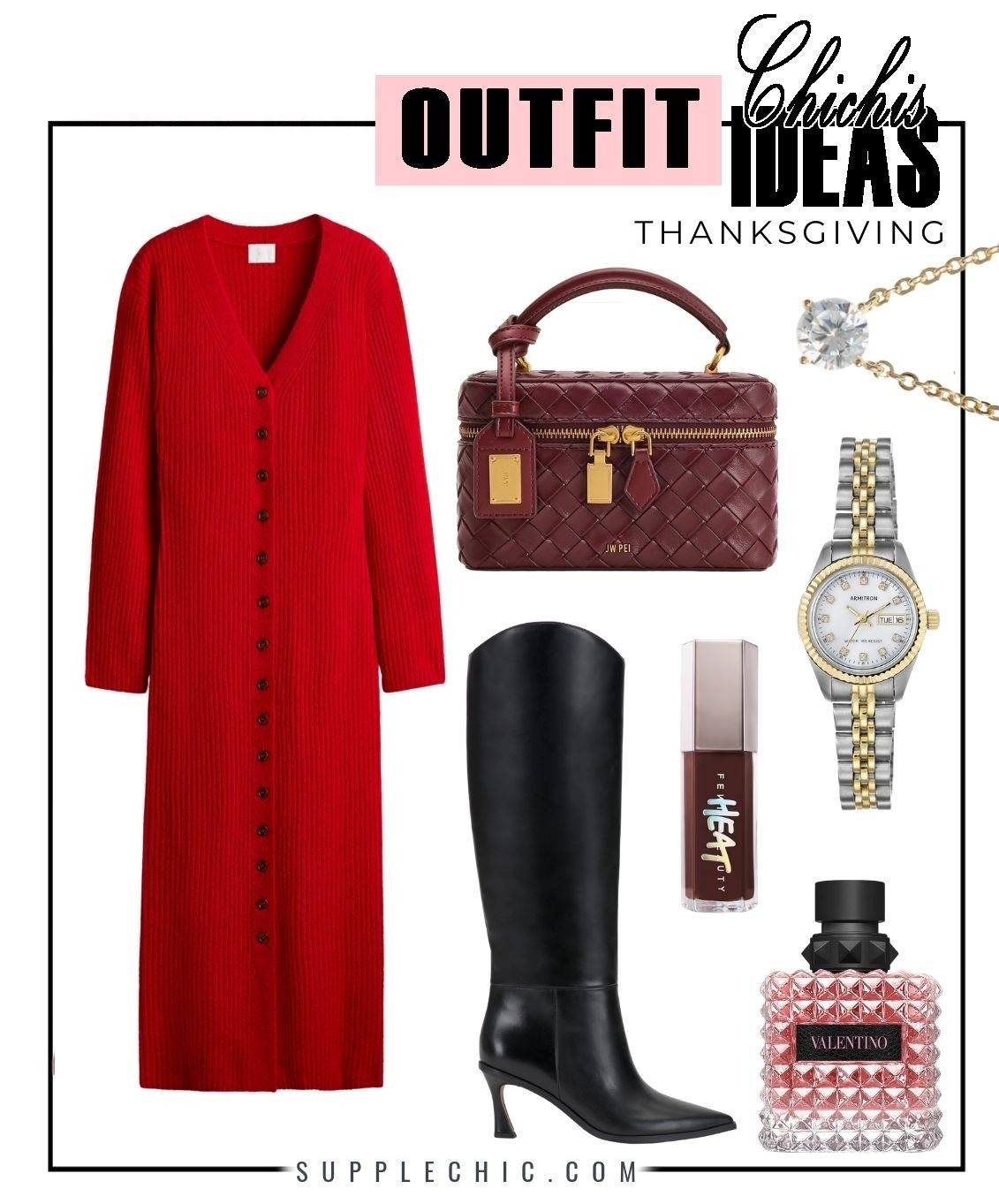 A little red, a little sparkle, and classic accessories make the perfect holiday outfit combination. This Thanksgiving look blends feminine details with timeless pieces that can be worn long after the holidays. Thanksgiving outfit ideas, holiday outfit inspiration, red dress outfit, fall fashion, knee high boots outfit, elegant holiday style

#LTKootd #LTKSeasonal #LTKMidsize