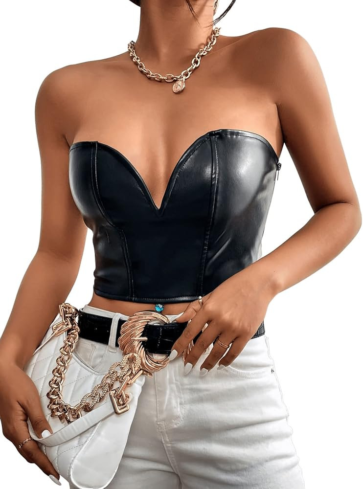 SweatyRocks Women's PU Leather Bandeau Crop Top Strapless Slim Fitted Tube Tops | Amazon (US)