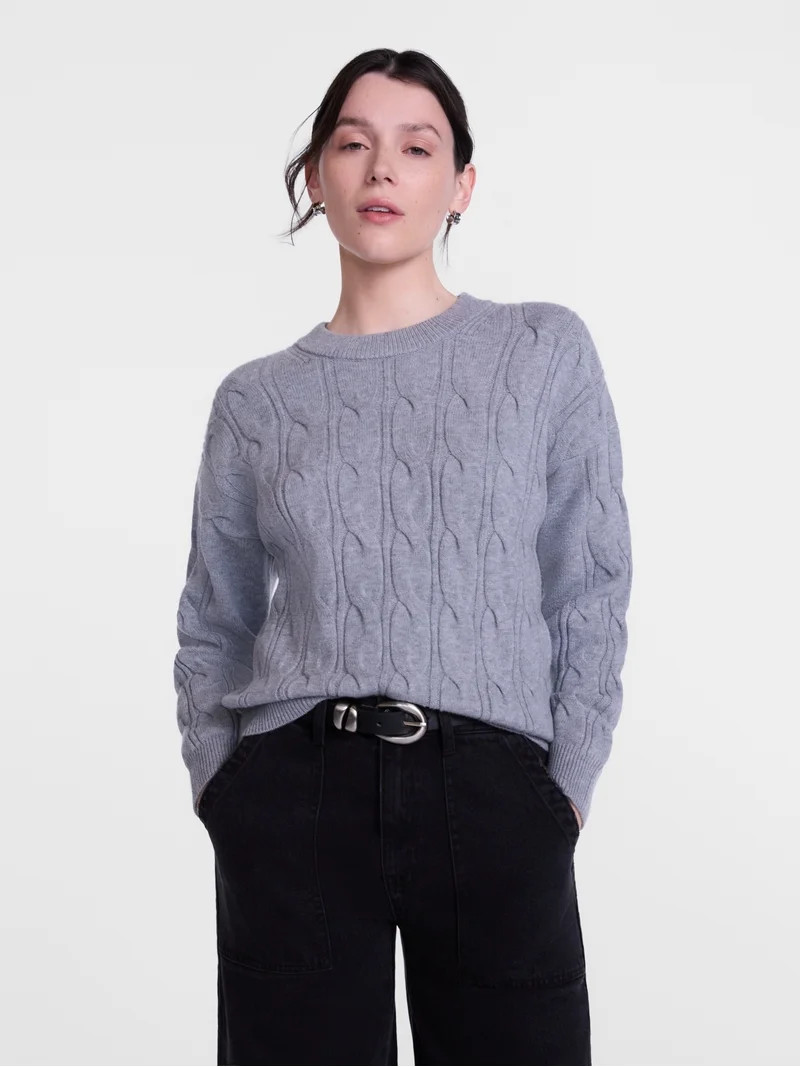 Scenario Women's Crewneck Cable Knit Mid-weight Sweater, Sizes XS-XXXL | Walmart (US)