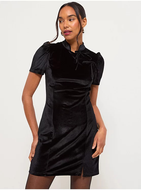 Black Velvet Collared Tie Neck Puff Sleeve Smock Mini Dress | George