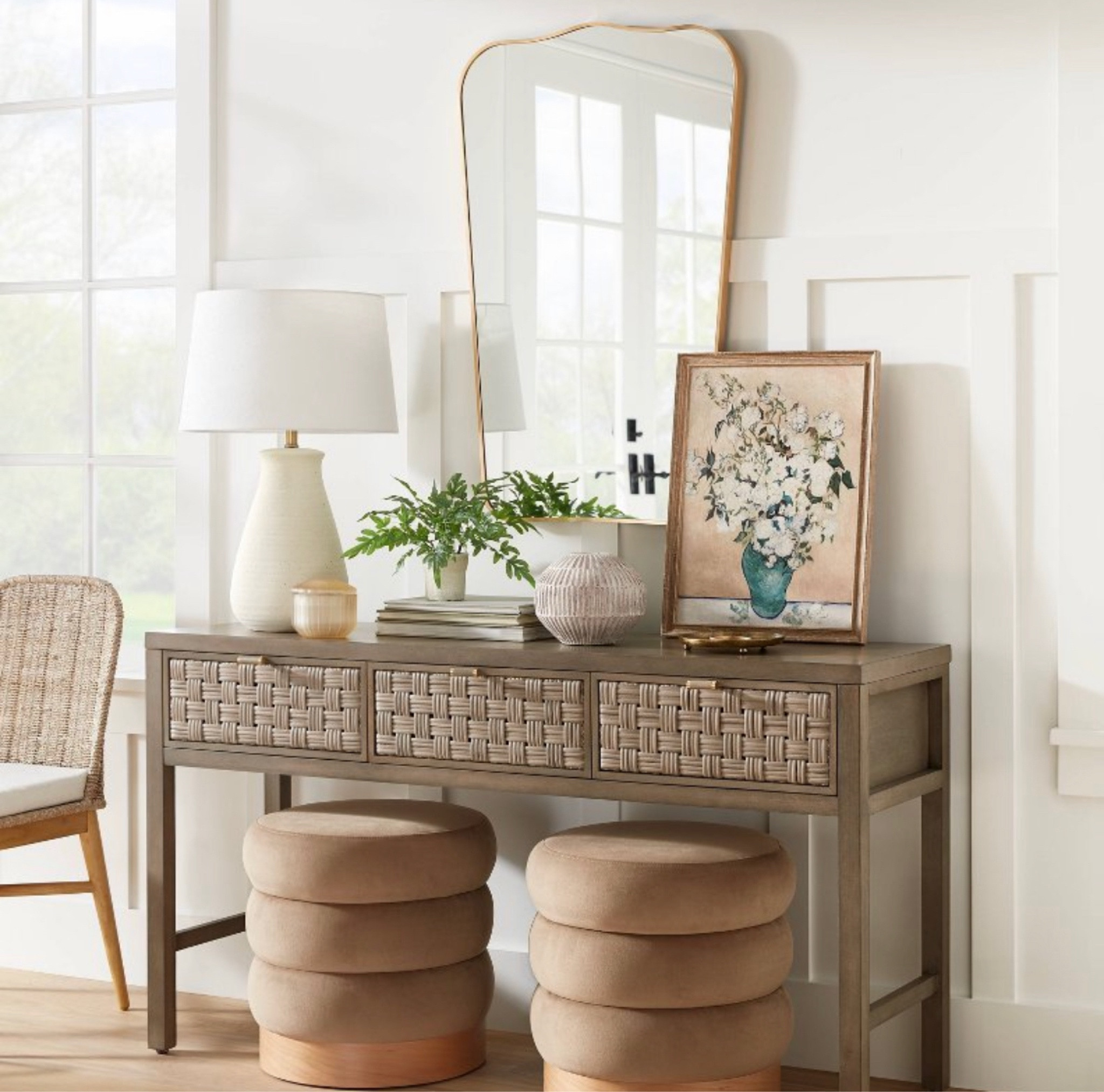 Loving this new look from Studio McGee! Coming 12/26. Save your favorites now! 

#console #velvetpouf #art #budgetart #tablelamp #wallmirror #fauxplant #wovendiningchair 

#LTKhome #LTKfamily #LTKstyletip