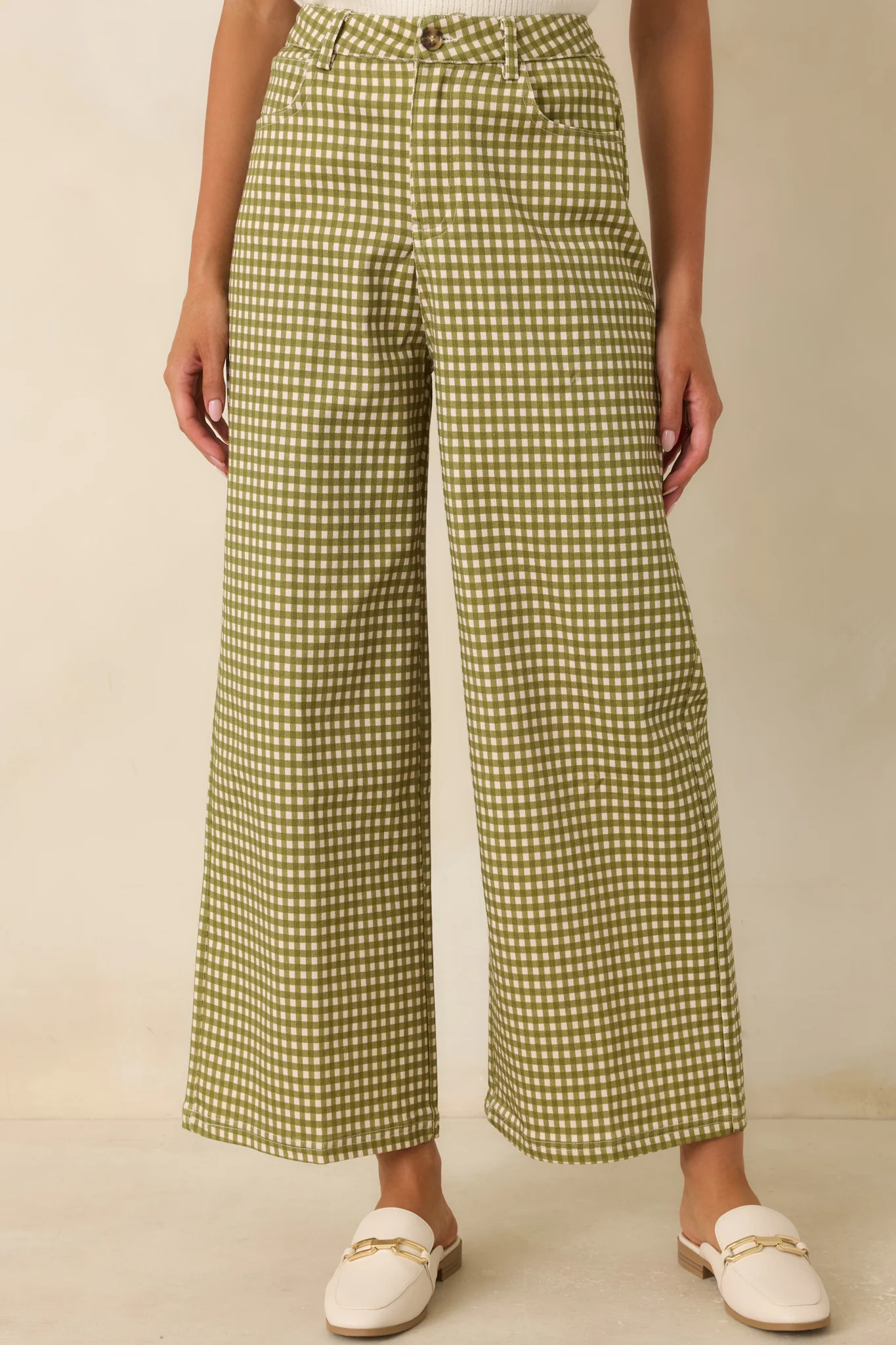 Weekends in the Countryside Olive Gingham Wide Leg Pants | Red Dress