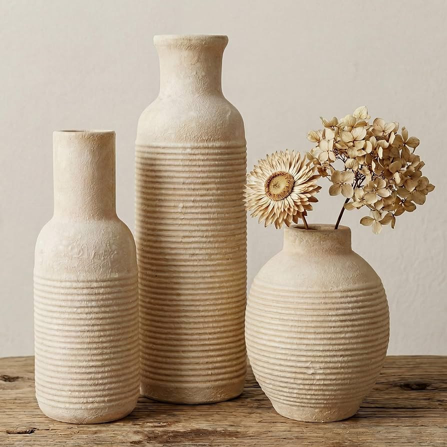 Rustic Farmhouse Vase Set of 3 - Ceramic Decorative Vases Home Decor - Pampas Grass Dried Fresh F... | Amazon (US)
