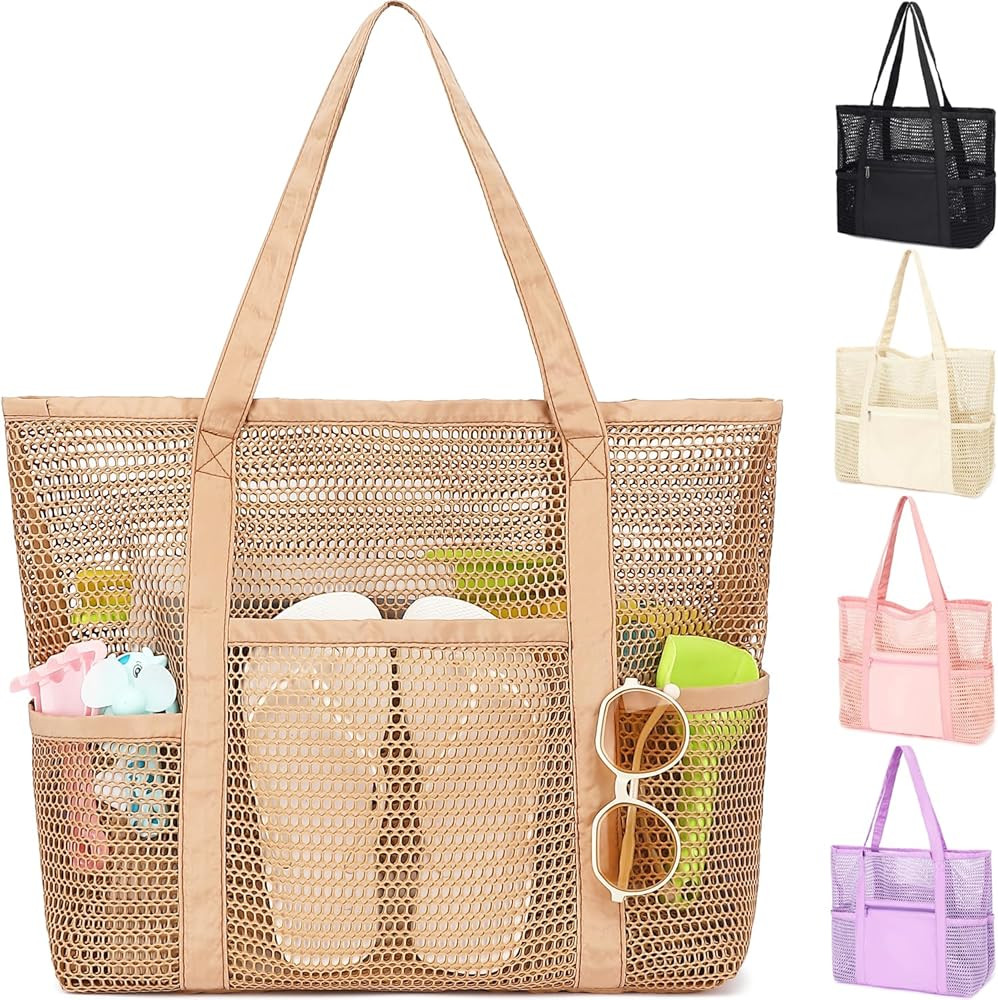 Mesh Beach Bag for Women, Casual Hobo Bags Large Beach Tote for Pool Travel Cruise Vacation Essen... | Amazon (US)