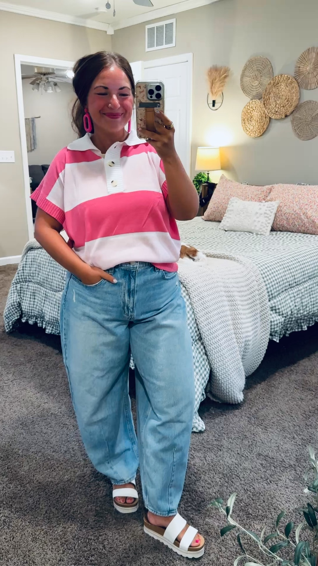 The cutest pop of pink! 💕 This striped polo paired with relaxed jeans makes such a fun, comfy look for the classroom or weekend! ✨

sandals: fit true to size // wearing a 5
jeans: fit oversized // wearing a 12
quarter button: fits true to size // wearing a large 

 #LTKootd #LTKMidsize #LTKWorkwear