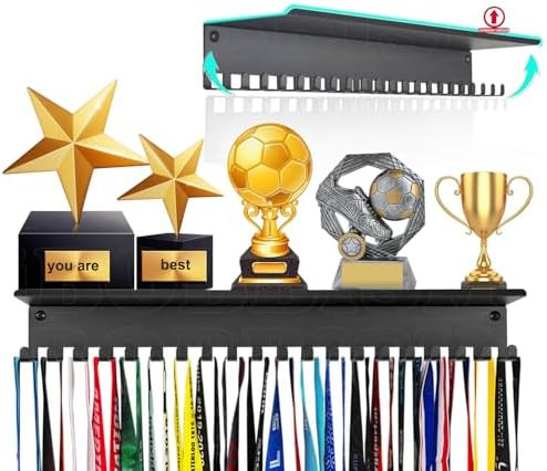 Metal Medal Hanger Display,Non-Slip Trophy Shelf with 20 Hooks,Wall Mount,Heavy Duty,Non-Bent,Hol... | Amazon (US)