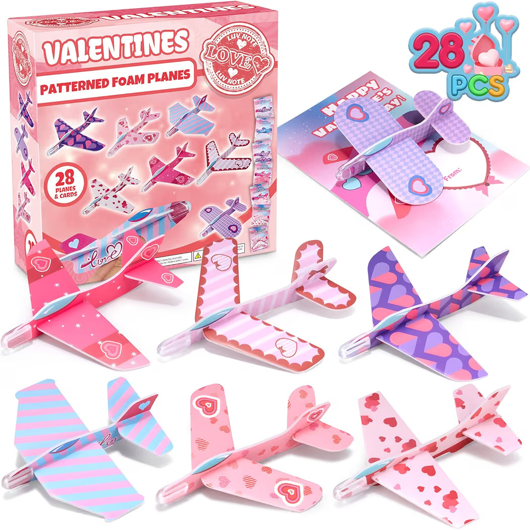 28 Pack Valentines Day Cards for Kids School with Foam Airplane, Valentines Day Gifts For Kids, V... | Amazon (US)