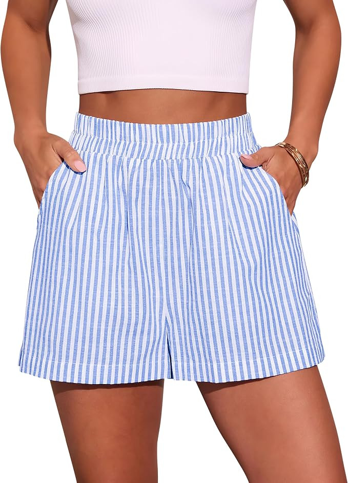 AISEW Women's Striped Boxer Shorts Summer Casual Beach Shorts Elastic Waist Lounge Pajama Bottoms | Amazon (US)