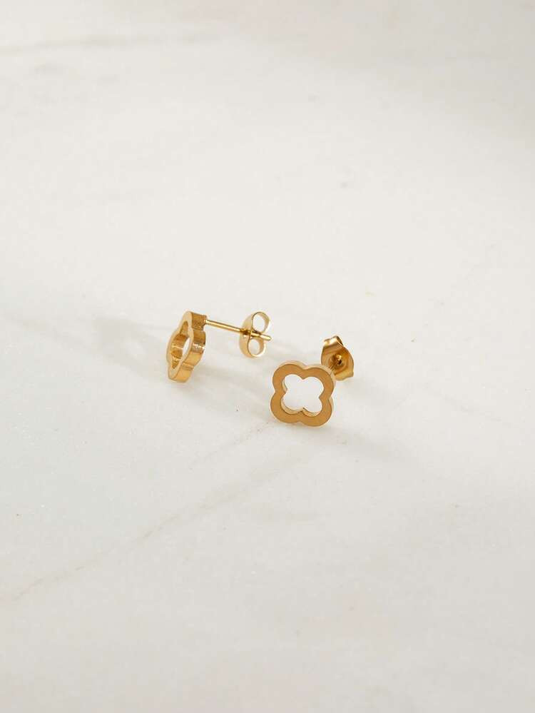 Clariva 2pcs/Set 18K Gold Plated Stainless Steel Hollow Clover Stud Earrings, Minimalist And Eleg... | SHEIN