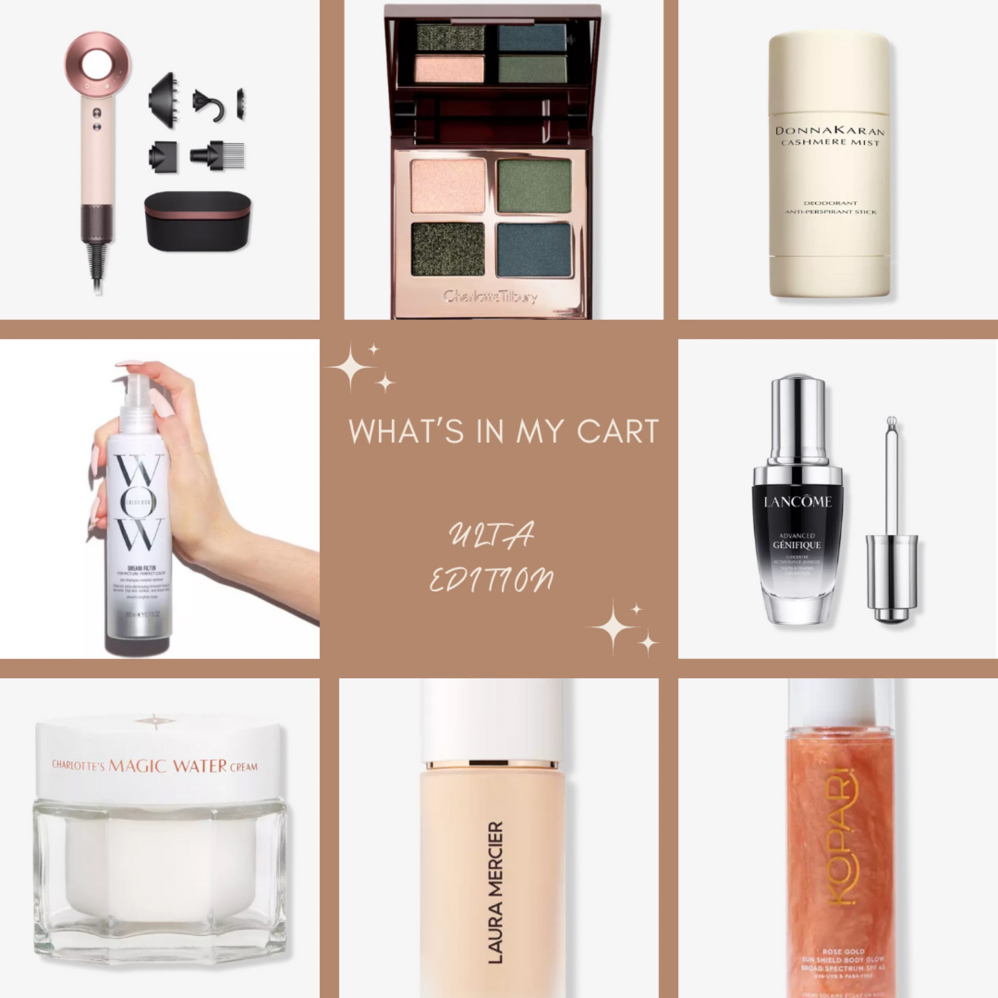 What’s in my cart 🚨ULTA EDITION🚨ok most of these I’m already using except Laura Mercier’s new foundation that’s going viral and “the Rebel” in Charlotte Tilbury’s eyeshadow. I said I wanted to try something new, should I go for it? Also, you guys. The rose gold dyson?!? IM SCREAMING!! How am I supposed to not purchase?? The color wow dream filter is a must living in NYC to get all that hard water out of my hair every couple weeks 👏🏻