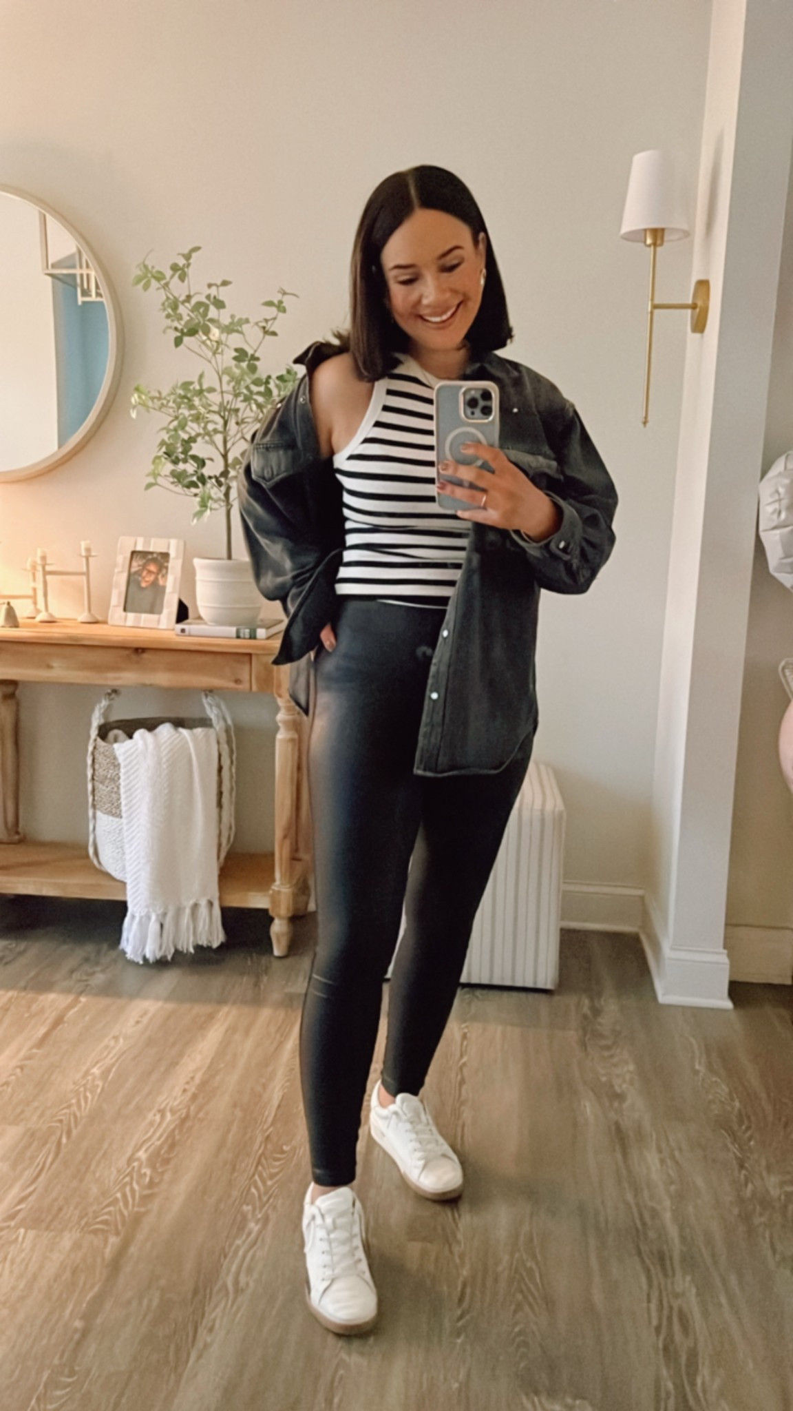 Relaxed denim jacket, striped tank. Faux leather leggings. 

#LTKTravel #LTKFindsUnder50 #LTKSeasonal