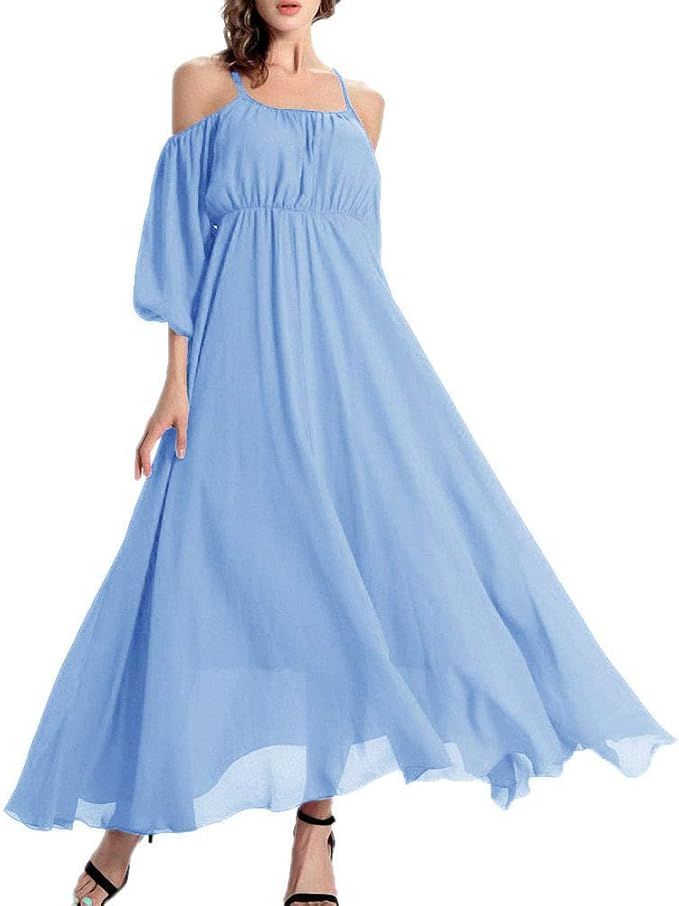 Afibi Womens Off Shoulder Long Chiffon Casual Dress Maxi Evening Dress | Amazon (US)