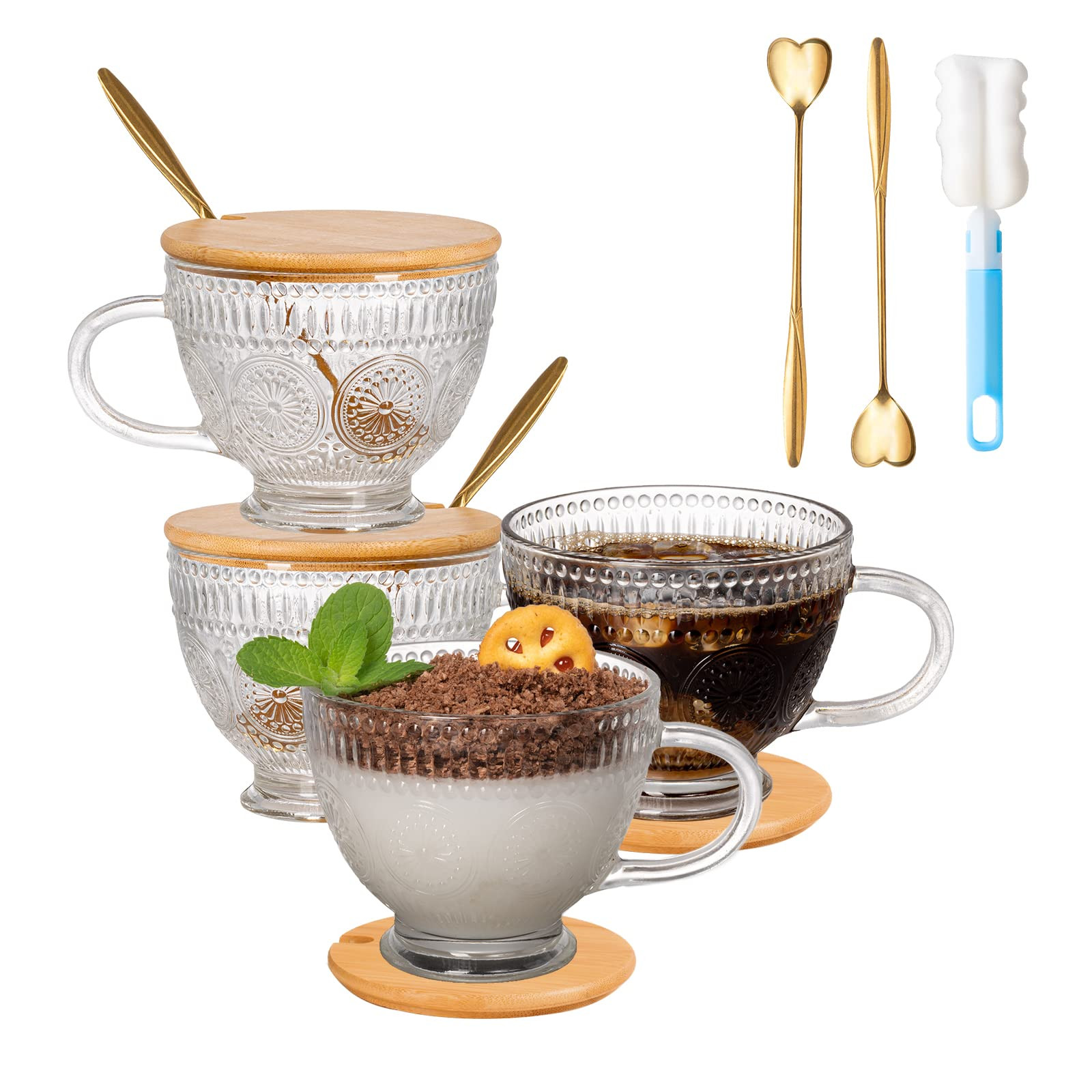megarte Vintage Glass Coffee Mugs - 14 Oz Embossed Glass Mugs with Bamboo Lids and Golden Spoons ... | Amazon (CA)
