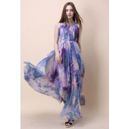 Floral Watercolor Maxi Slip Dress in Violet | Chicwish
