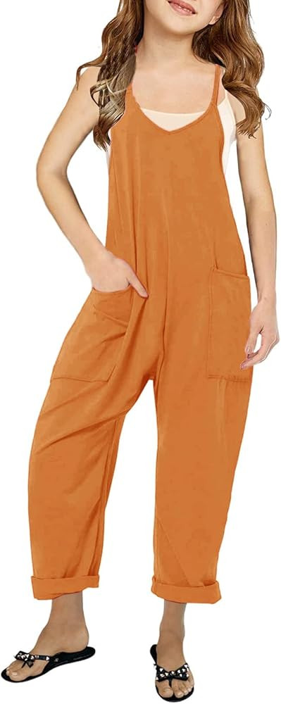 Girls Casual Jumpsuits Spaghetti Strap Sleeveless Loose Romper Long Pants with Pockets Kids Cloth... | Amazon (US)