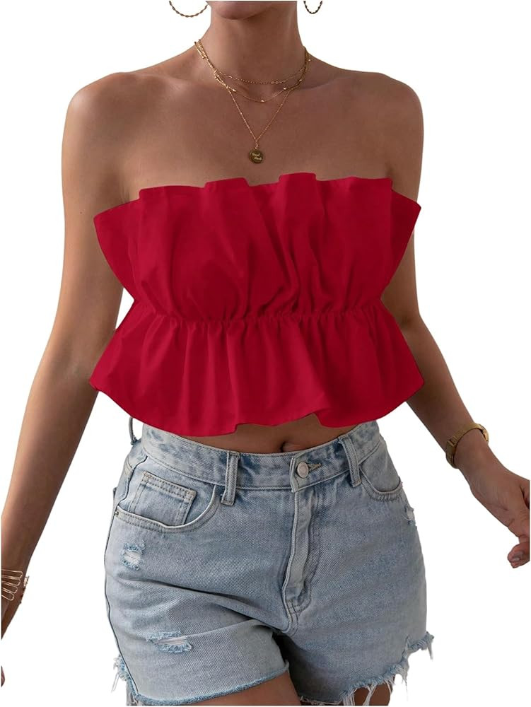 GORGLITTER Women's Strapless Bandeau Tube Top Ruffle Open Back Bubble Crop Tops Summer Going Out ... | Amazon (US)