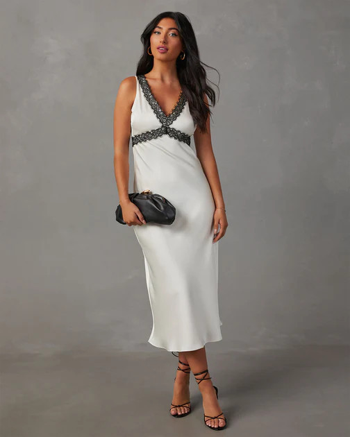 Dentelle Satin V-Neck Slip Midi Dress - Ivory/Black | VICI