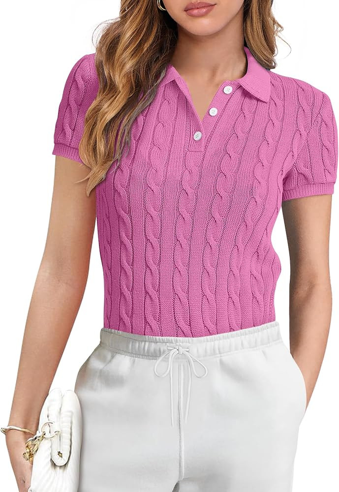 ANRABESS Women's Short Sleeve Sweaters Tops Polo V Neck Button Cable Knit Pullover Business Shirt... | Amazon (US)