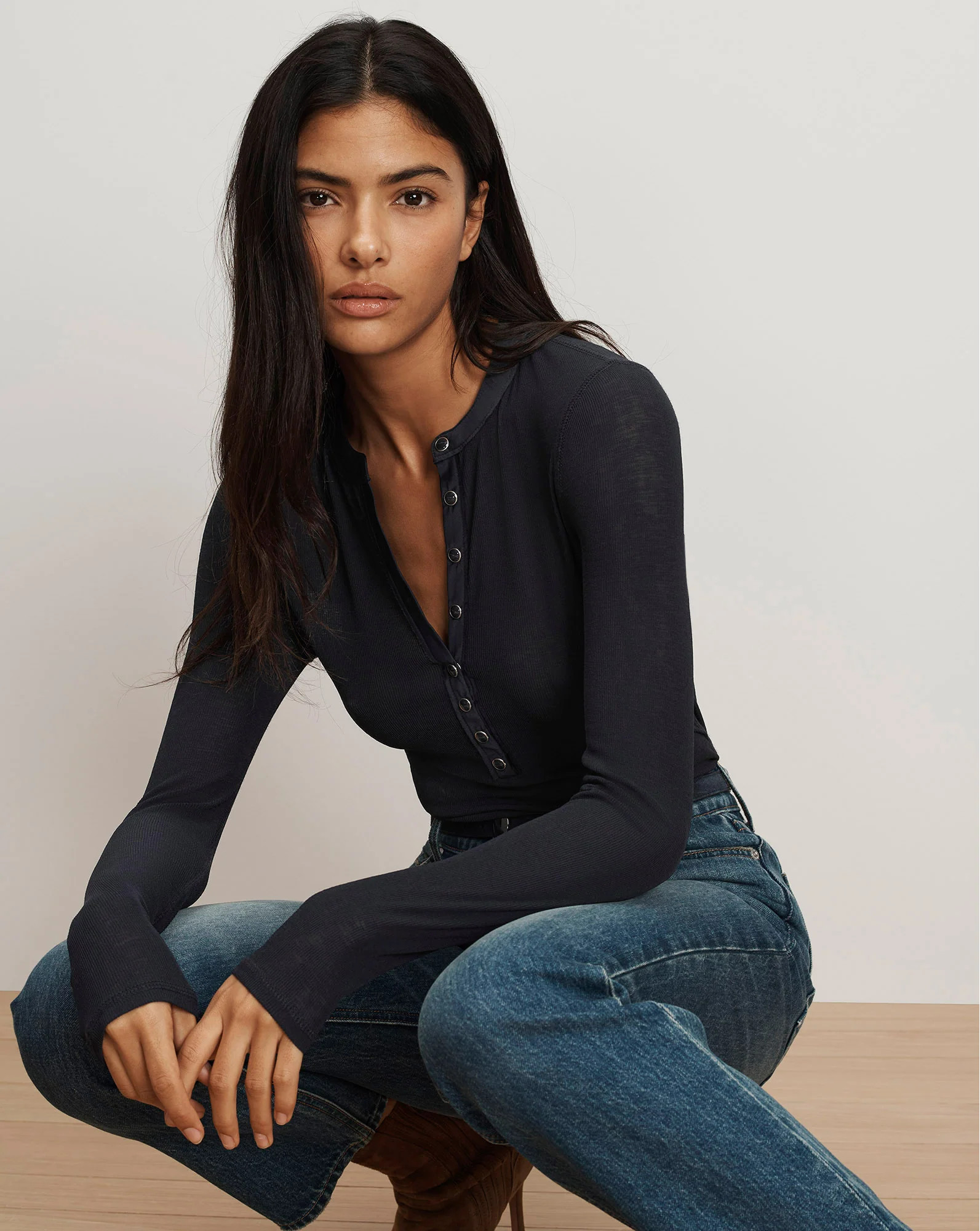 Veronica Beard Drexler Ribbed Henley Top Navy | Veronica Beard