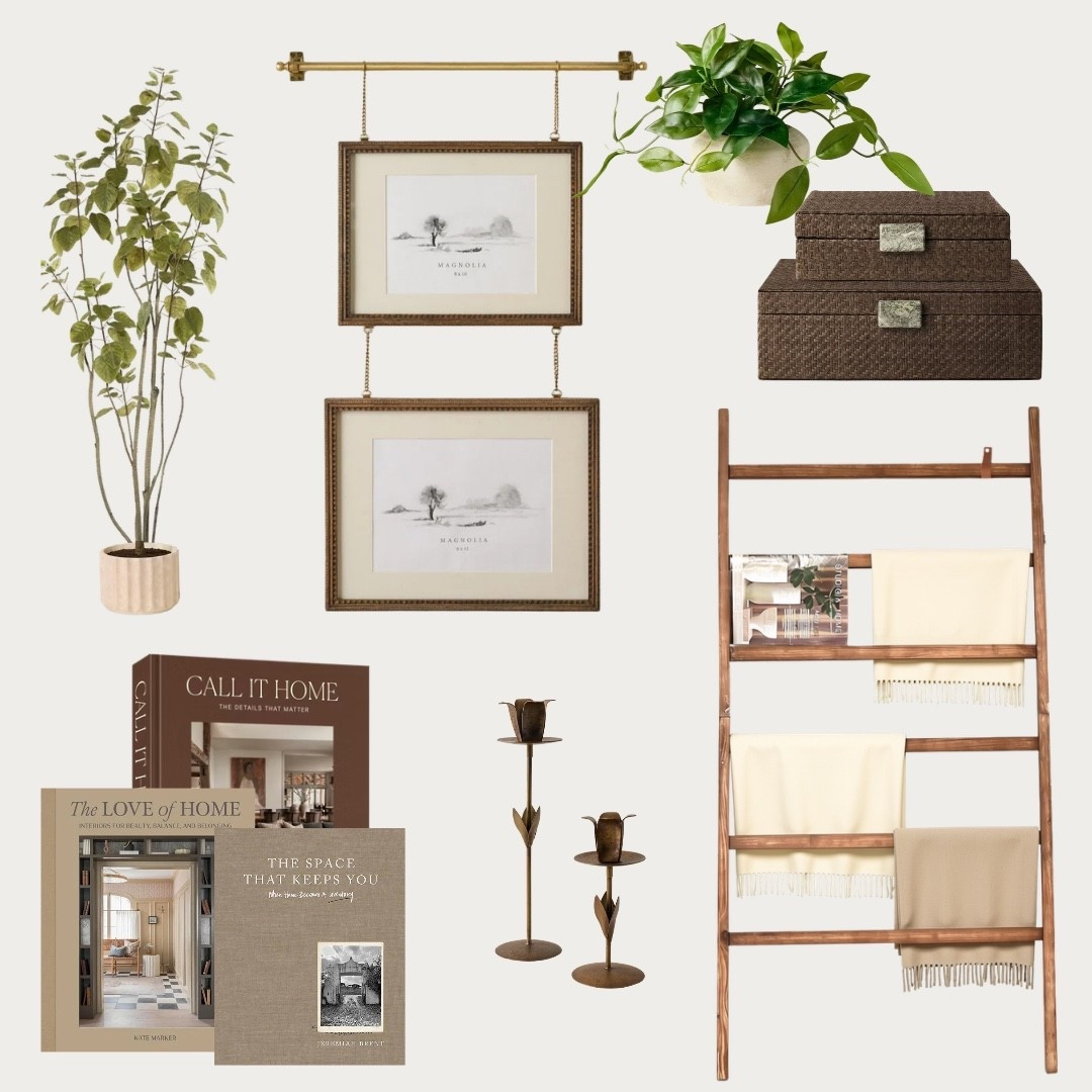 Cozy elegant living room decor 
Coffee table books, picture frames, faux plants, blanket ladder, accents

#LTKHome