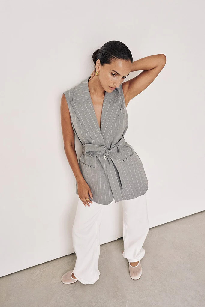 SANDER SILVER STRIPE TIE WAIST VEST | DISSH