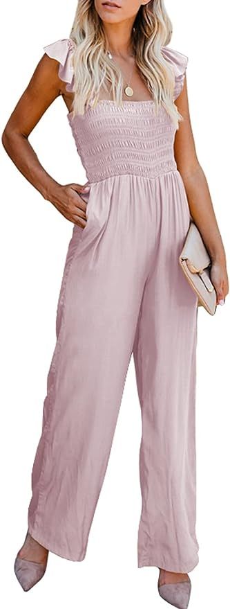 Ecrocoo Womens Casual Ruffle Sleeve Spaghetti Straps High Waisted Loose Long Wide Leg Pant Romper... | Amazon (US)