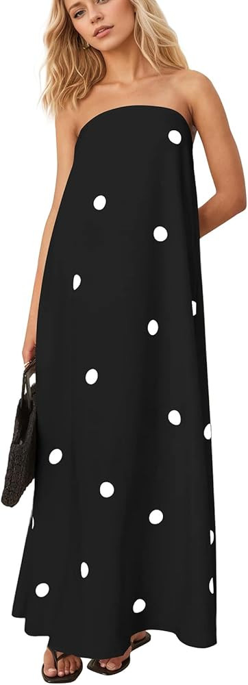 Women Polka Dot Strapless Maxi Dress Summer Flowy A Line Ruffle Backless Off Shoulder Long Tube D... | Amazon (US)