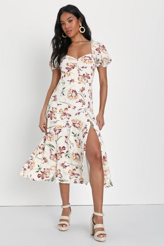 Parisian Picnic Cream Floral Jacquard Puff Sleeve Midi Dress | Lulus