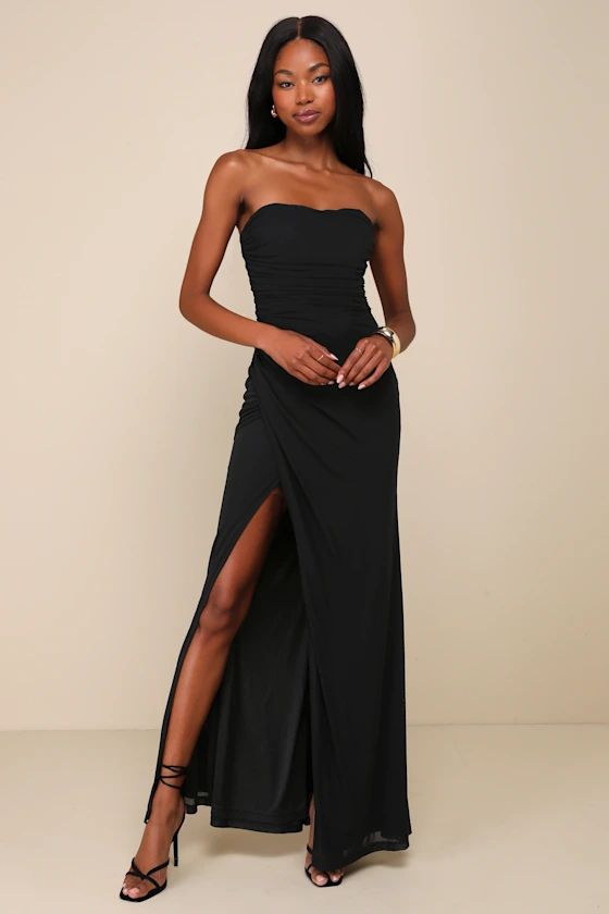 Epitome of Allure Black Mesh Strapless Ruched Tulip Maxi Dress | Lulus