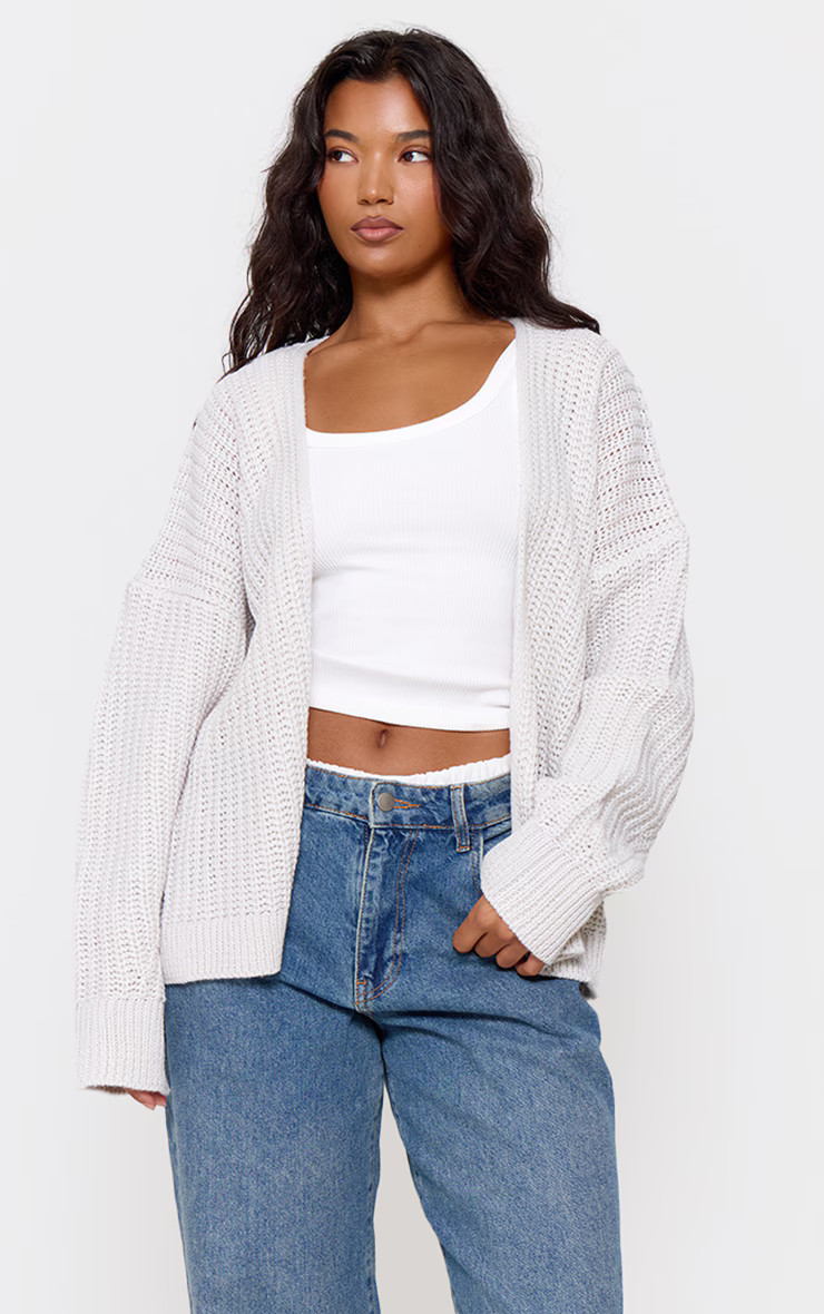 Grey Chunky Knit Slouchy Cardigan | PrettyLittleThing US